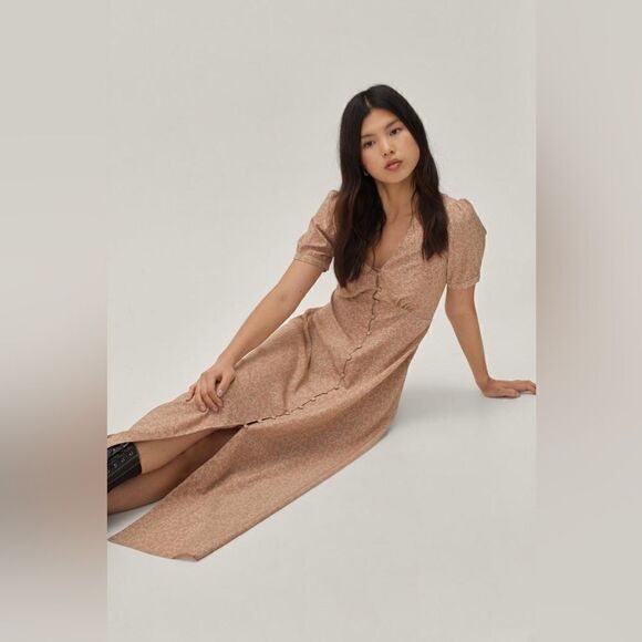 Nasty Gal Maxi Tea Dress Floral Print Button Down Puff Sleeve Size 10 - Picture 6 of 12